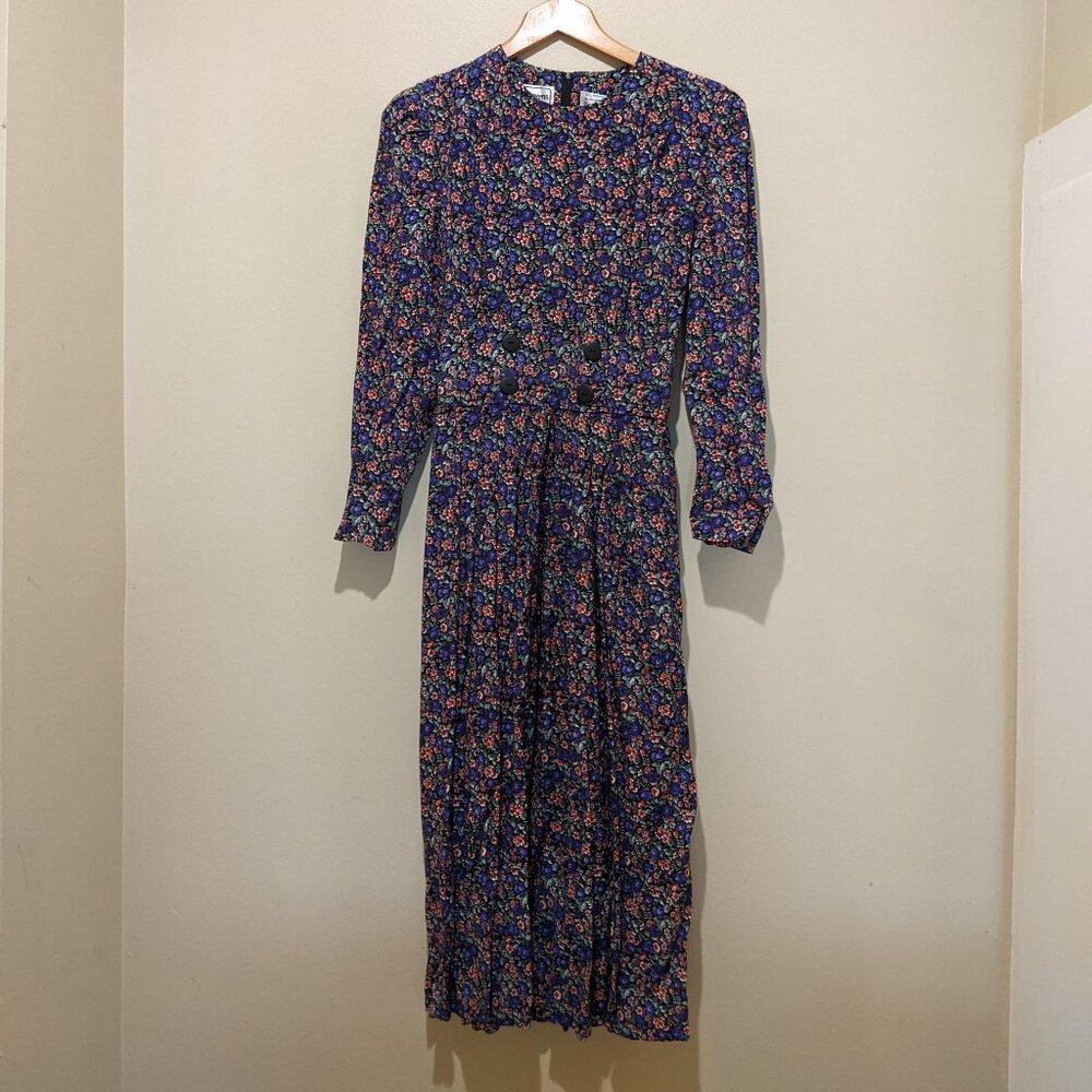 Vintage Karin Stevens Midi Dress - Size 8/ M - Cottage core Black Purple Floral